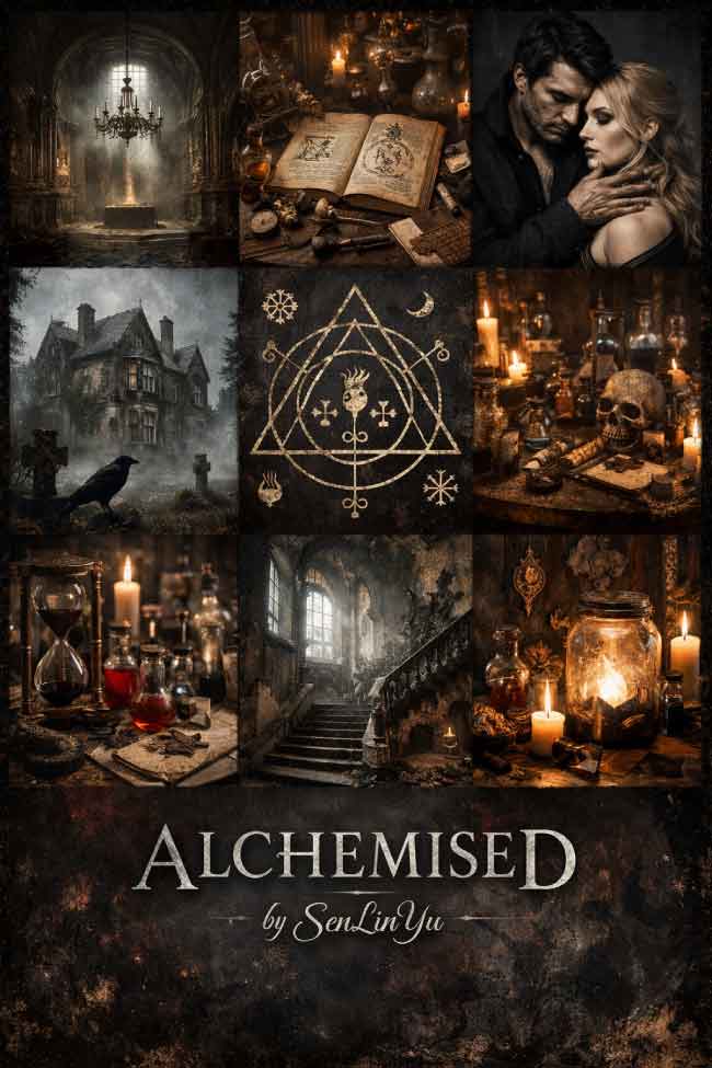Moodboard van de sfeer en thema’s van Alchemised van SenLinYu met alchemie, magie en gotische setting.