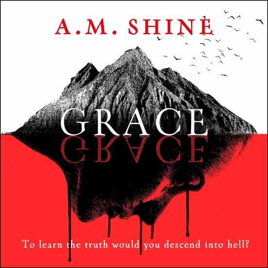 Boekomslag van Grace van A.M. Shine met een berg, rode achtergrond, zwarte schaduwvorm en de titel Grace.