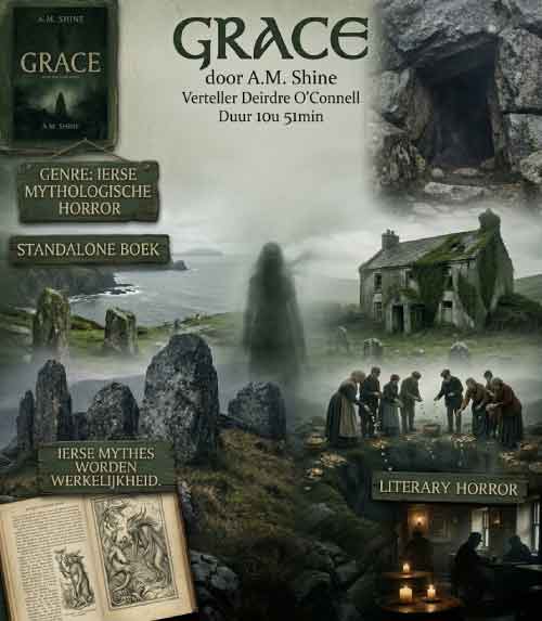 Moodboard van Grace van A.M. Shine met mistig Iers eiland, oude stenen, een verlaten huis, een donkere opening in de rotsen en bewoners bij een offerput.