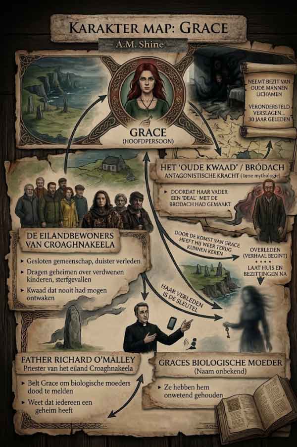 Karaktermap van Grace van A.M. Shine met Grace, Father Richard O’Malley, de eilandbewoners van Croaghnakeela, haar biologische moeder en het oude kwaad Bródach.