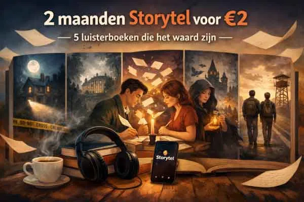 Illustratie bij Storytel aanbieding van 2 maanden voor 2 euro met vijf luisterboeken en een luisterboek sfeer