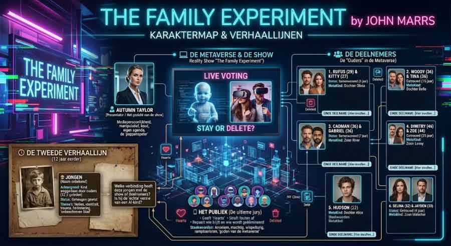 Karaktermap van The Family Experiment van John Marrs met deelnemers, verhaallijnen, de metaverse en de realityshow