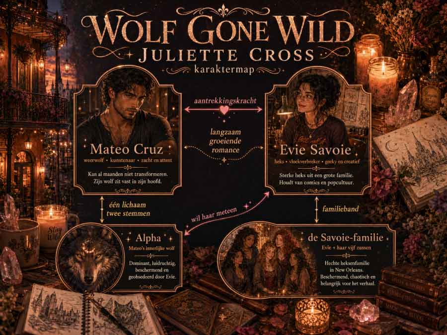 Karaktermap bij Wolf Gone Wild van Juliette Cross met Mateo Cruz, Evie Savoie, Alpha en de Savoie-familie