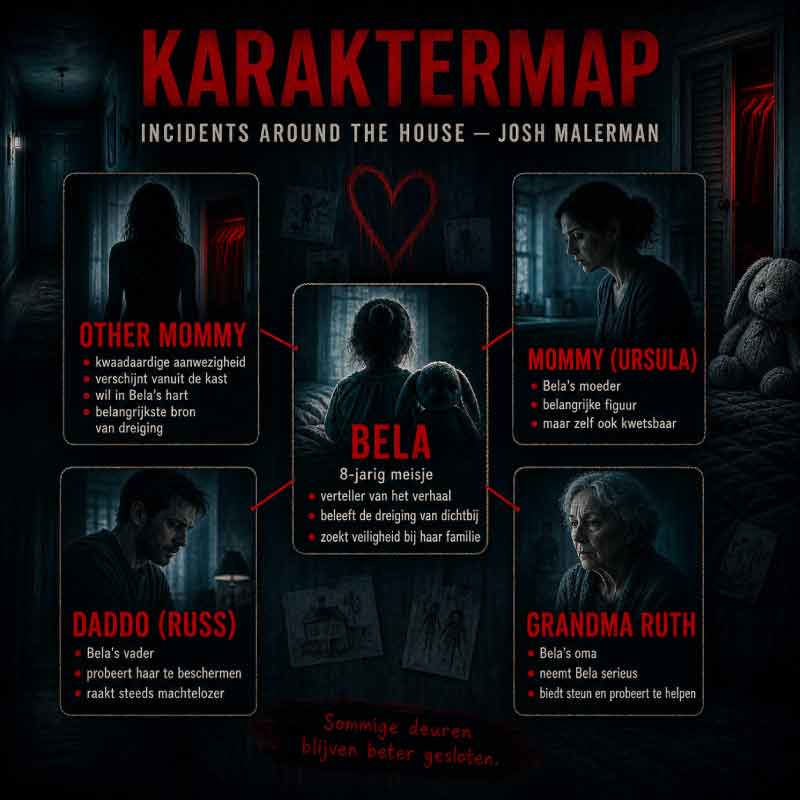 Karaktermap van Incidents Around the House van Josh Malerman, met Bela, Other Mommy, Mommy, Daddo en Grandma Ruth.