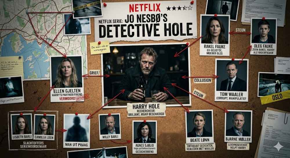 Karaktermap van Detective Hole met Harry Hole centraal en de belangrijkste personages uit de Netflix-serie.