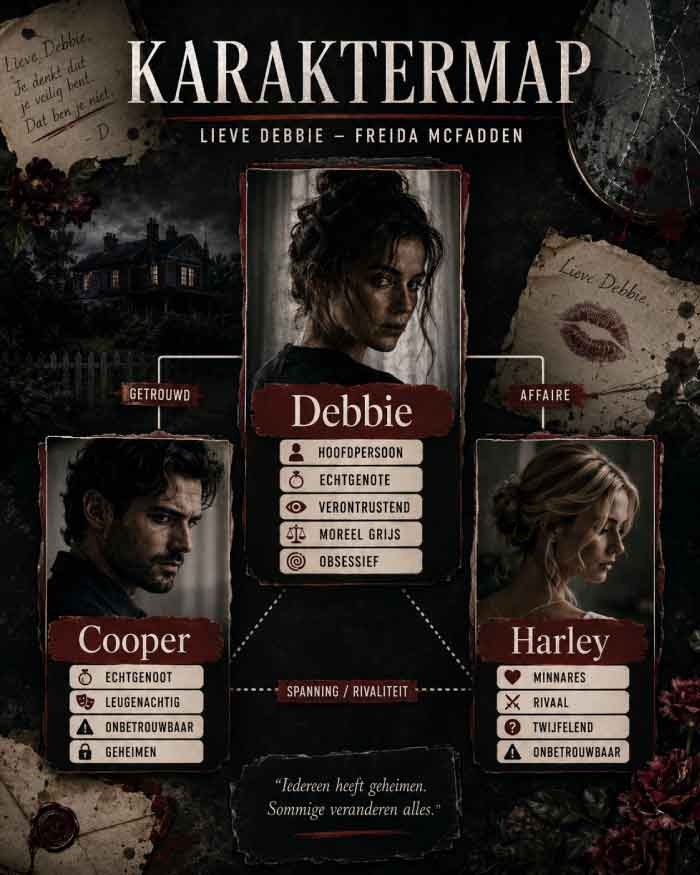 Alt tekst Karaktermap van Lieve Debbie van Freida McFadden met Debbie, Cooper en Harley en hun rol in het psychologische thrillerverhaal.