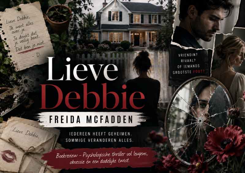Moodboard bij Lieve Debbie van Freida McFadden met donkere thrillerbeelden, geheimen, tuinieren, gebroken spiegel en dreigende sfeer.