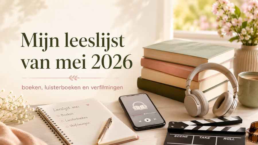 Afbeelding bij mijn leeslijst van mei 2026 met boeken, koptelefoon, telefoon en filmklapper.