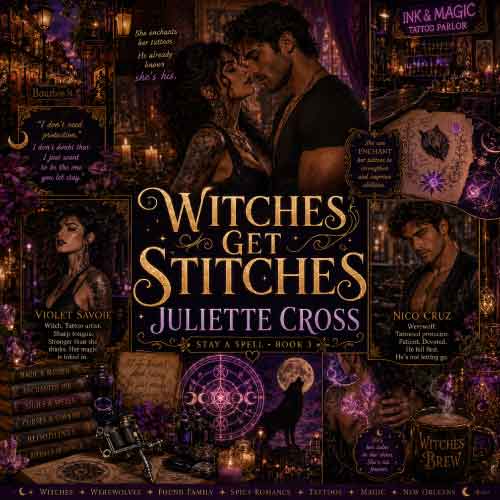 Moodboard bij Witches Get Stitches van Juliette Cross met Violet Savoie, Nico Cruz, magische tattoos, weerwolven en New Orleans-sfeer
