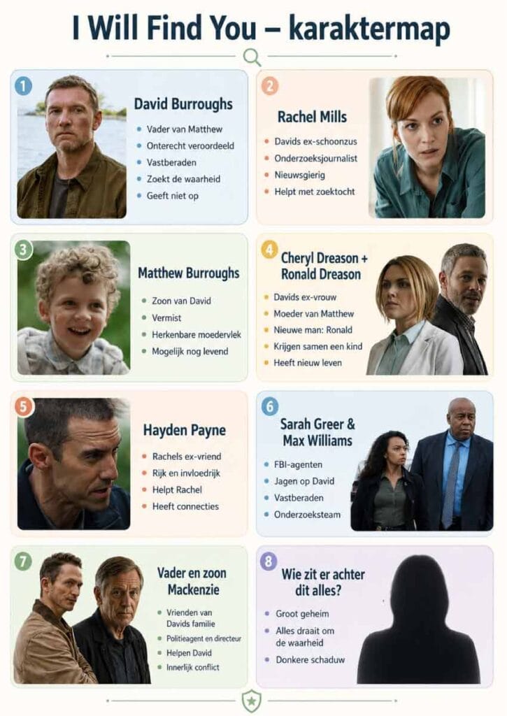 Karaktermap van I Will Find You met David Burroughs, Rachel Mills, Matthew Burroughs en andere belangrijke personages