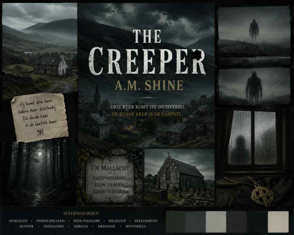 Moodboard van The Creeper van A.M. Shine met een afgelegen Iers dorp, donkere bossen en een dreigende figuur
