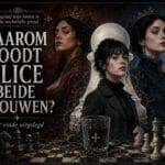 Alice als pion tussen Sabine en Lottie boven een schaakbord bij de uitleg van het einde van Begraaf mijn botten in de nachtelijke grond.