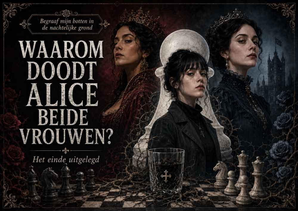 Alice als pion tussen Sabine en Lottie boven een schaakbord bij de uitleg van het einde van Begraaf mijn botten in de nachtelijke grond.